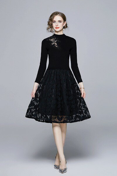 ワンピース オシャレニットレース切替レディース 二次会 新作 エレガント