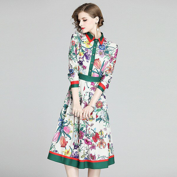 ワンピース オシャレプリントワンピースオフィス出勤 二次会 新作 エレガント