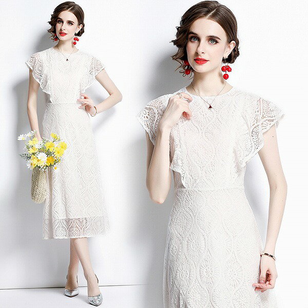 ワンピース オシャレレースワンピースオフィス出勤 二次会 新作 エレガント