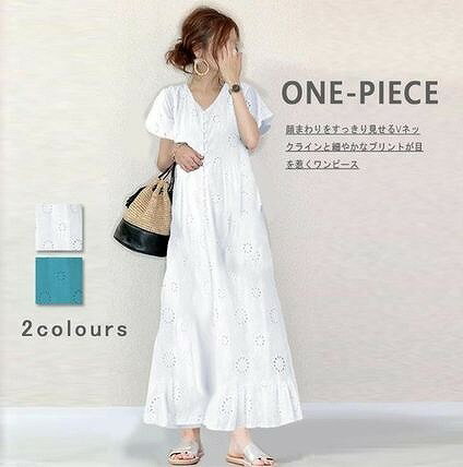 上品 Free Size 3色 ロングワンピース マキシ コットン 総レース Vネック 大人可愛い 上品 Free Size 3色 ロングワンピース マキシ コットン 総レース Vネック 大人可愛い
