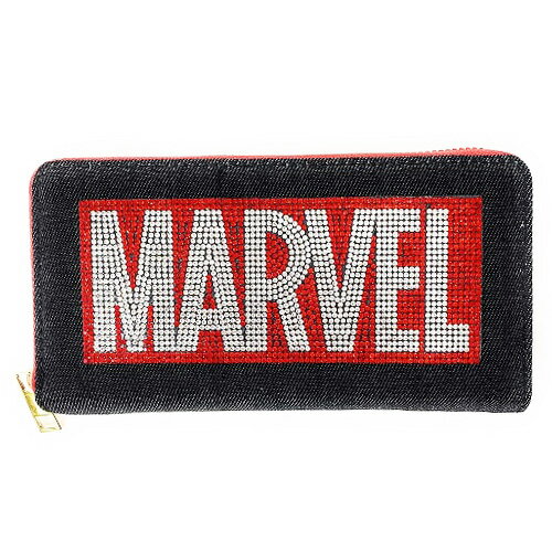 特価【MARVEL マーベル キラキラ ラインストーン ラウンドファスナー ウォレット 】 長財布　グッズ　サイフ　財布　カード入れ　アメコミ　人気　かわいい　ウォレット　ロング　ギフト　プレゼント　カード収納　デニム生地　男女兼用