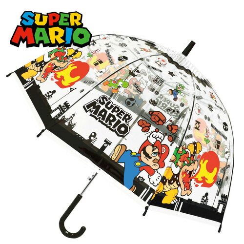 JP【SUPER MARIO　ドーム　ワンタッチ　ビニール　傘　ブラック　55cm】雨具　こども　雨傘　傘　かさ　グッズ　キャラクター　グラスファイバー　キッズ　マリオ　スーパーマリオ　透明　学童　ビニール傘　雑貨　アパレル　ヨッシー　USJ　ジャンプ　ワンタッチ　ワンダー