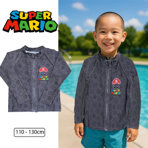 特価AR【SUPER MARIO　キッズ　半袖　ラッシュガード　BK　110～130cm】水着　上　服　日焼け　防止　スイミング　子ども　キャラクター　グッズ　幼児　子ども服　プール　海　子供　男の子　男児　水泳　川　海　スーパーマリオ　マリオ　nintendo　ルイージのサムネイル