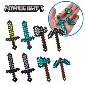 送料無料【4個セット　マインクラフト　立体　アイテム　ラバー　フィギュア　ボールチェーン　キーホルダー】グッズ　Minecraft　マイクラ　キャラクター　まいぜん　ゲーム　ストラップ　マスコット　武器　道具　 剣　ツルハシ　斧　ダイヤモンド　鉄　金　エンチャント