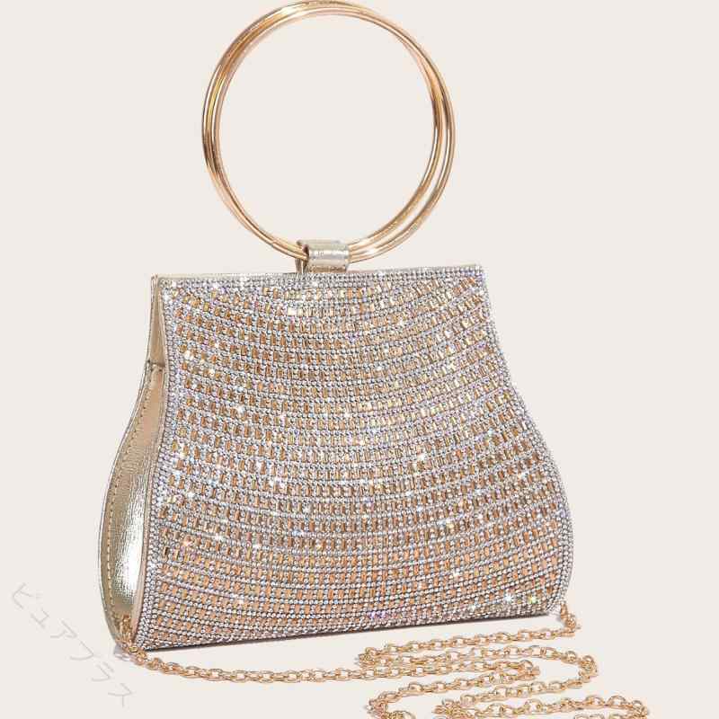 レディース鞄カバンバックファッションオシャレアイテム小物ディナーバッグチェーンバッググレーハンドバッグゴールドバッグきらめくチェーンが華やぎを添え、上品グレー