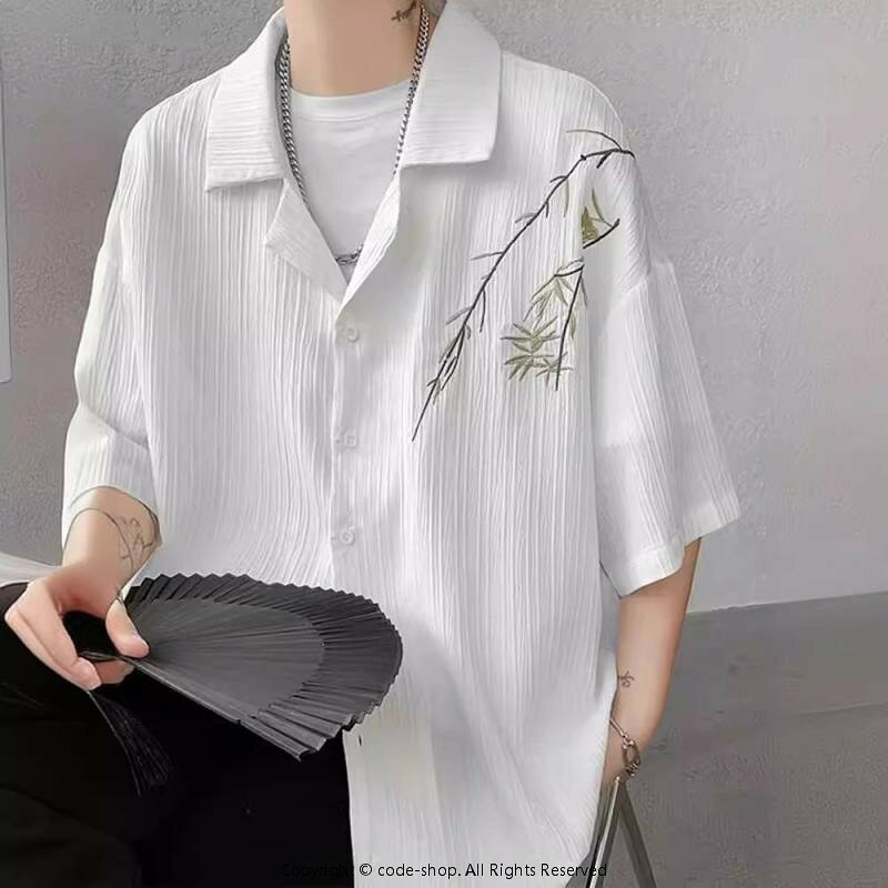 シャツメンズキューバカラー開襟中袖竹葉刺繍接触冷感夏カジュアルルーズゆったりシルエットノンアイロンポリエステル混紡コットン混紡白黒普段使いレジャーおしゃれ