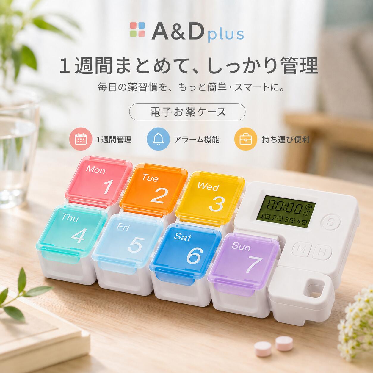 📅1週間分をまとめて管理できる電子お薬ケース月曜から日曜まで、1週間分のお薬やサプリをひとまとめに管理できる便利な週間ピルケースです。曜日ごとに分けて収納できるので、毎日の服薬管理がしやすく、飲み忘れや重複服用の防止にも役立ちます。🔔見やすい液晶表示＆4組アラーム機能付き大きく見やすいlcd液晶画面を搭載し、時刻やアラーム設定をひと目で確認できます。1日最大4回までアラーム設定が可能なので、朝・昼・夕・就寝前など、服薬のタイミングをしっかりサポートします。毎日の薬習慣をもっとスマートに管理できます。🎨曜日別カラー表示でひと目でわかる各ケースは曜日ごとに色分けされており、mon〜sunが直感的にわかるデザイン。文字表示だけでなくカラーでも識別できるので、見分けやすく、服薬のタイミングを迷いにくいのが特長です。ご高齢の方やご家族での共有管理にもおすすめです。📦1日分を取り外してそのまま携帯ok1日分のケースは取り外し式。必要な日の分だけサッと外して、そのままバッグやポーチに入れて持ち運べます。通勤・通学・旅行・外出・出張など、外でも服薬が必要な方に便利な設計です。🏡自宅でもオフィスでも旅行先でも使いやすい食卓やリビング、デスクまわりに置いてもなじみやすいシンプルデザイン。ご家庭ではもちろん、オフィスや旅行先でも使いやすく、毎日の健康管理をしっかりサポートします。家族みんなの服薬管理アイテムとしても活躍します。🧼bpaフリー素材採用で毎日使いに安心食品にも使われる安心のbpaフリー素材を採用。毎日口にするお薬やサプリを入れるものだからこそ、素材にもこだわりました。衛生面と使いやすさの両方を考えた、安心設計のお薬ケースです。🌿軽量・コンパクトで扱いやすい1マスずつ軽くコンパクトに作られているため、取り外しや持ち運びもラクラク。ケース本体もスリムで、収納しやすく、限られたスペースにも置きやすい仕様です。毎日無理なく続けられる使いやすさを追求しました。👆フタの開閉がスムーズ＆角丸デザインフタは開けやすく、しっかり閉まる設計で、片手でも扱いやすい仕様。さらに角を丸く仕上げたやさしいデザインなので、バッグの中でも引っかかりにくく、幅広い年代の方に使いやすい形状です。🎁高齢者の方やご家族への贈り物にも飲み忘れが気になる方、ご家族の服薬管理を見守りたい方、サプリを毎日続けたい方にもおすすめ。実用性が高く、敬老の日、母の日、父の日、誕生日などのギフトにもぴったりです。🔧仕様商品名：電子お薬ケース（スマート7格）ブランド：a&dplusタイプ：1週間用／7日分管理タイプサイズ：約172mm × 73mm × 25mm機能：液晶表示、アラーム機能、曜日別カラー表示、取り外し式ケースアラーム設定：1日最大4回まで設定可能素材：bpaフリー素材用途：服薬管理、薬ケース、サプリケース、健康管理使用シーン：自宅、オフィス、外出、旅行、ご家族の健康管理?ご注意※サイズは手作業での測定のため、多少の誤差が生じる場合がございます。※モニター環境により、商品の色味が実物と若干異なる場合がございます。※本製品は防水仕様ではありません。水濡れを避けてご使用ください。※小さなお子さまの手の届かない場所で保管してください。※お薬の種類や形状により、収納できる量は異なります。?おすすめポイント? 1週間分をまとめて管理できる? 曜日別カラー表示で見分けやすい? 見やすいlcd液晶表示付き? 1日最大4回のアラーム設定対応? 1日分を取り外して携帯できる? bpaフリー素材で毎日安心? 軽量コンパクトで持ち運び便利? 自宅・オフィス・旅行・ご家族管理におすすめ電子お薬ケース / 薬ケース / 週間ピルケース / ピルケース / 1週間 / 7日分 / 服薬管理 / 飲み忘れ防止 / アラーム付き / lcd表示 / 曜日別 / カラー表示 / 取り外し式 / 持ち運び / サプリケース / 薬入れ / 高齢者 / 家族用 / 自宅用 / 旅行用 / a&dplus メーカー希望小売価格はメーカーカタログに基づいて掲載しています