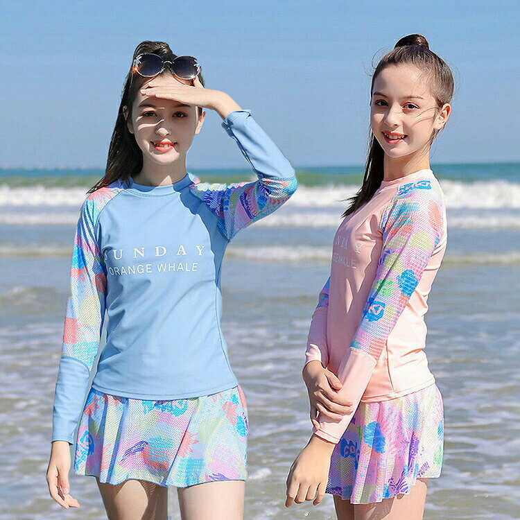 女の子水着ジュニア長袖セパレート2点セット体型カバースイムウェアトップススカートパンツショート付きキッズパッド付日焼け対策紫外線対策スポーティーガールズ子ども用みずぎスイミングプールビーチ