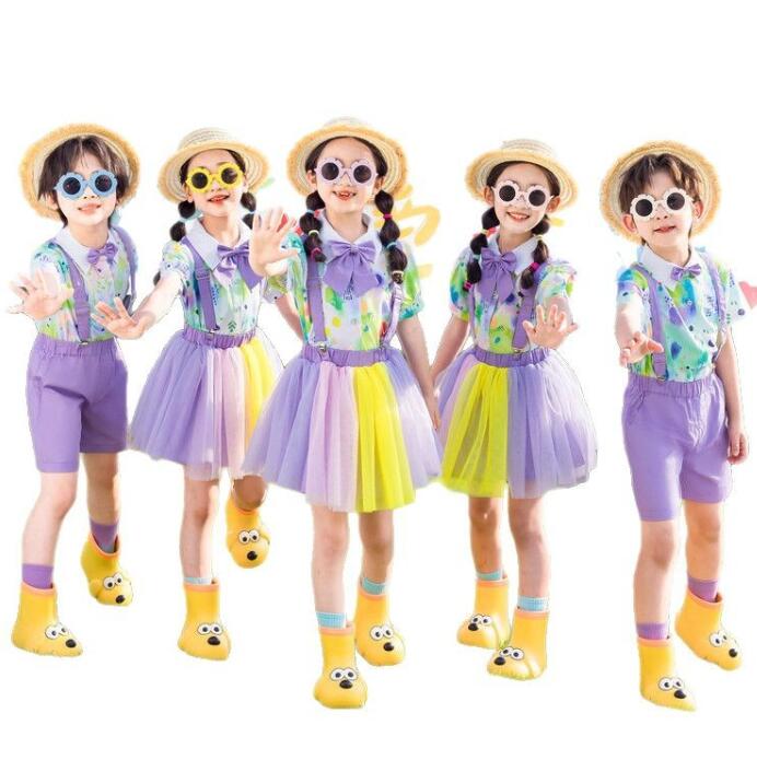 子供幼稚園制服女の子男の子サロペットセット夏普段着リボン花柄半袖シャツ+スカート/パンツセット切替チュールスカートチアダンス旅行クラス服中小生制服男女兼用ダンス衣装チアガールコスチューム新作発表会舞台演出服卒業式