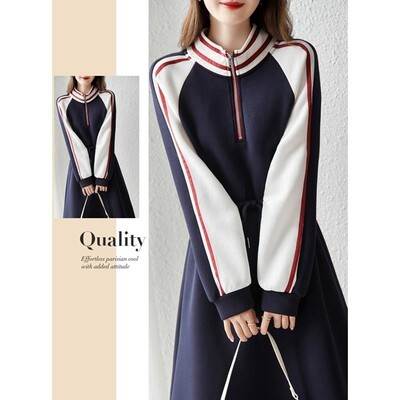 かわ 清楚 ウエストマーク ニュアンス 美ライン 2XL XL L M ラウンドネック 長袖 フレア ひざ丈 ハーフジップ シャツワンピース rapport-select-10026487 rapport-select サンプル画像2