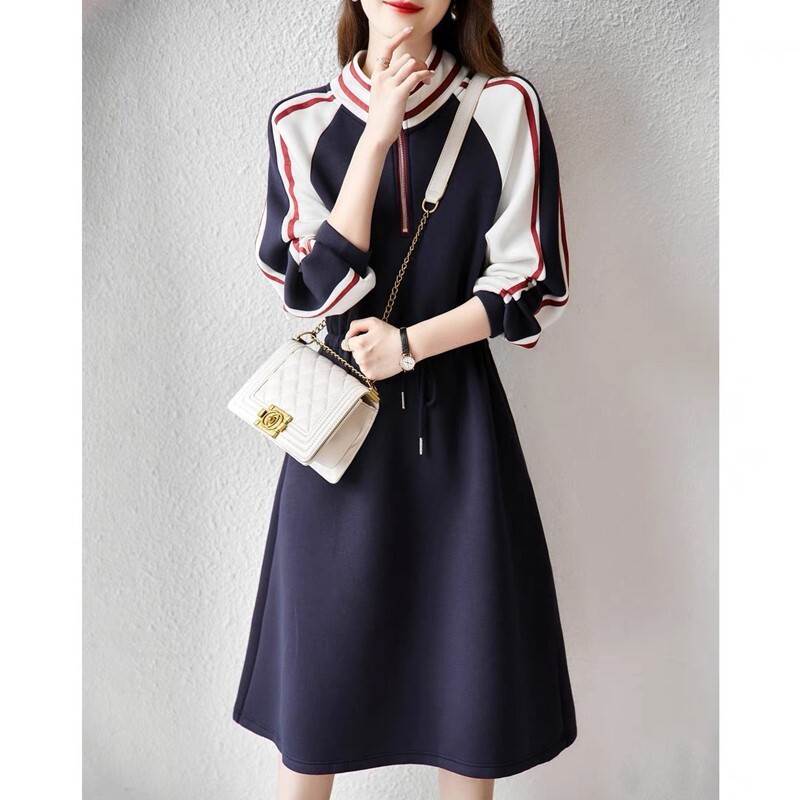 かわ 清楚 ウエストマーク ニュアンス 美ライン 2XL XL L M ラウンドネック 長袖 フレア ひざ丈 ハーフジップ シャツワンピース rapport-select-10026487 rapport-select サンプル画像3