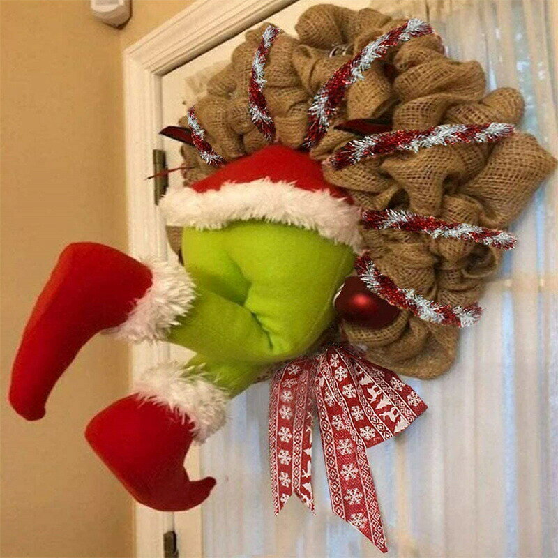 クリスマスリース面白いクリスマスリースを盗むサンタクロースに変装クリスマス泥棒リースクリスマス飾り脚の姿調節可能黄麻布リース吊り紐/ちょう結び/2つの大きなクリスマスボール付きクリスマスツリー/壁/窓/部屋飾り付け雰囲気満点花輪直径30cm*高さ40cm