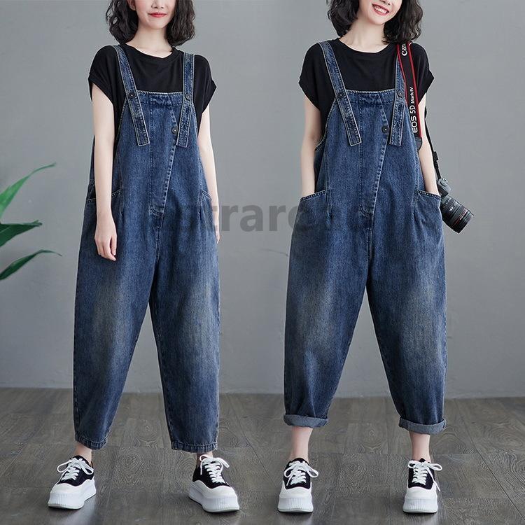 サロペットデニムワイドパンツレディースオーバーオールオールインワンジーンズデニムパンツテーパード