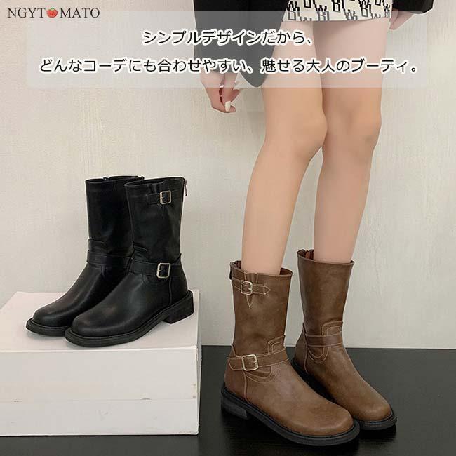 rapport-selectのショートブーツ黒ラウンドトゥPU柔らかいコーンヒールブーツミドル丈ベルト付きバックファスナーカジュアル履きやすい歩きやすいおしゃれ美脚｜アングル3