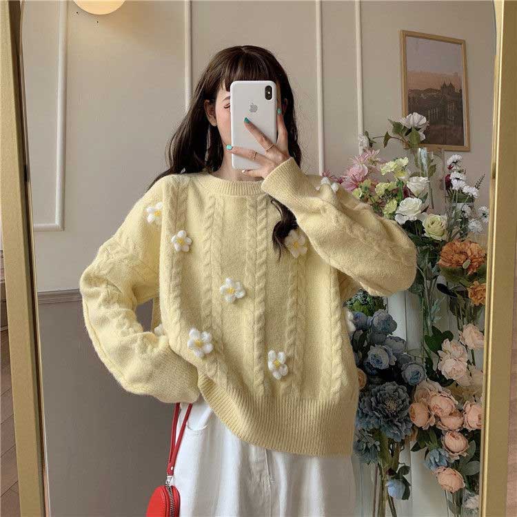 トップス ニット レディース セーター プルオーバー ゆったり 長袖 大きいサイズ 秋 冬 ニットセーター レディース 可愛い 花柄 フワワーモチーフ トップス クルーネック 春 送料無料