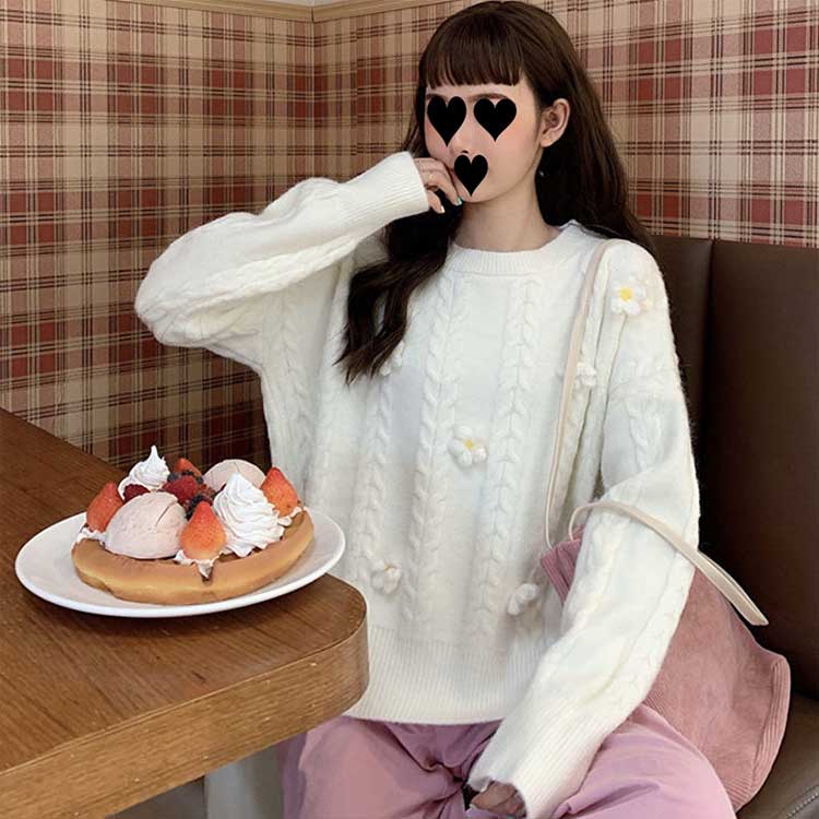 トップス ニット レディース セーター プルオーバー ゆったり 長袖 大きいサイズ 秋 冬 ニットセーター レディース 可愛い 花柄 フワワーモチーフ トップス クルーネック 春 送料無料