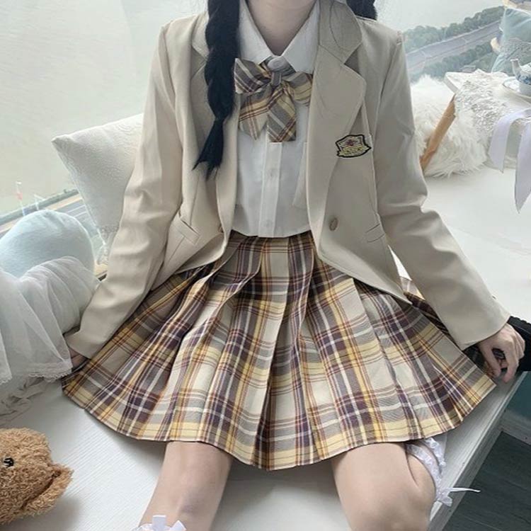 卒業式 スーツ 女の子 ブレザー 制服 5点セット ジャケット 長袖シャツ チェック柄 プリーツスカート バッジ付き 蝶結び付き ジュニアスーツ フォーマルスーツ JK制服 入学式 お受験 冠婚葬祭 キッズ 七五三 結婚式 発表会 XS-2XL グリーン ベージュ