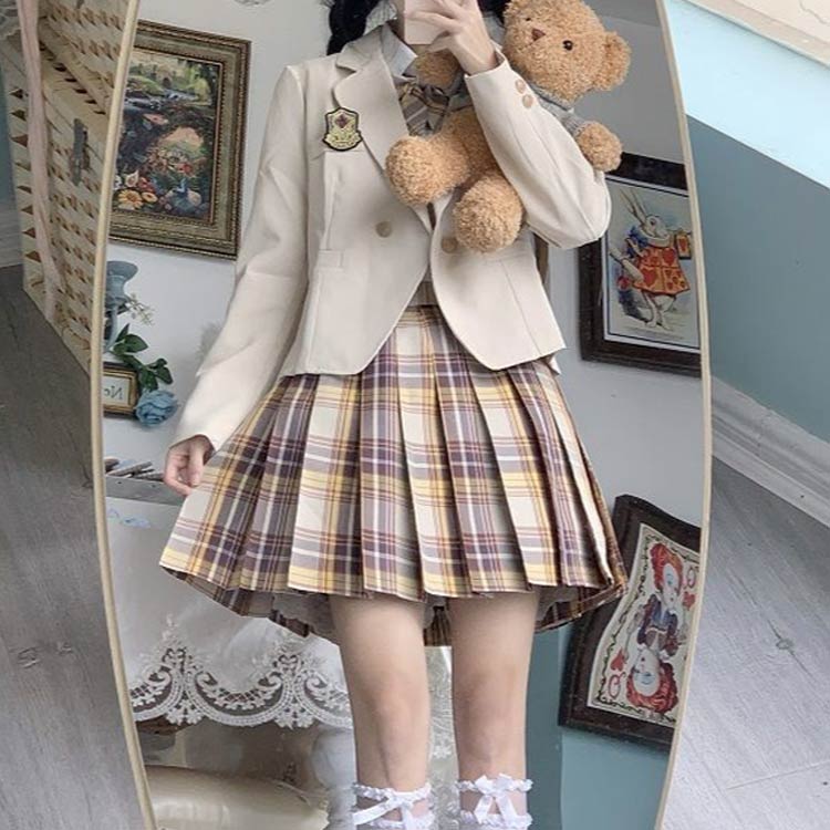 卒業式 スーツ 女の子 ブレザー 制服 5点セット ジャケット 長袖シャツ チェック柄 プリーツスカート バッジ付き 蝶結び付き ジュニアスーツ フォーマルスーツ JK制服 入学式 お受験 冠婚葬祭 キッズ 七五三 結婚式 発表会 XS-2XL グリーン ベージュ