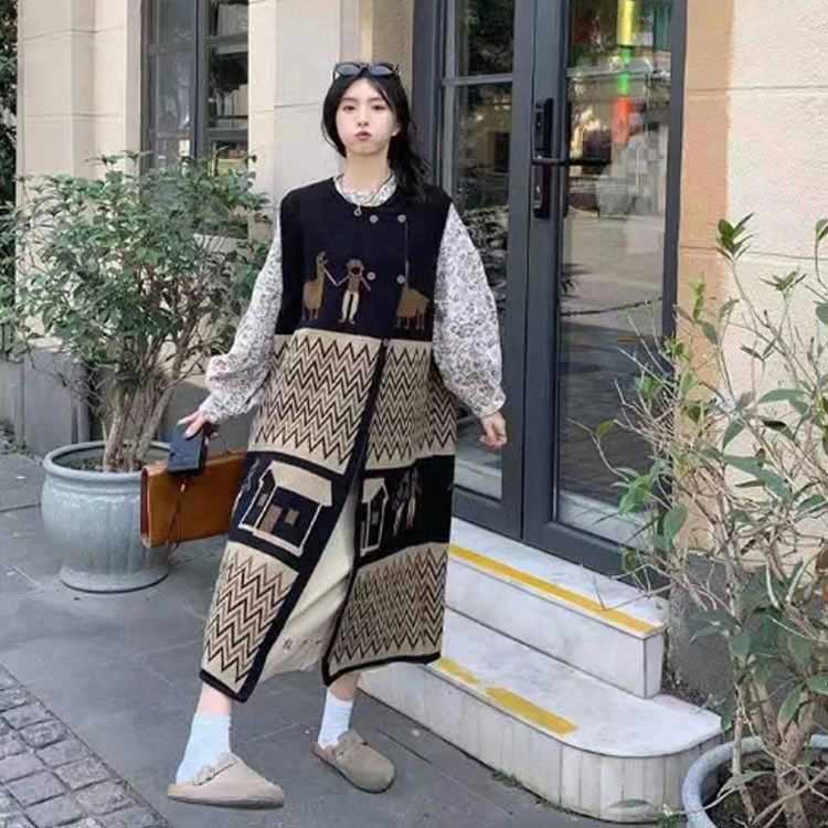 ロングベスト ニット レディース アウター ロングアウター　柄 秋 冬 ニットジレ トップス ロングベスト ニット 民族風 大きいサイズ アウター 羽織 ニットカーディガン 前開き 部屋着 Aライン 着痩せ ゆったり 体型カバー 秋冬 送料無料