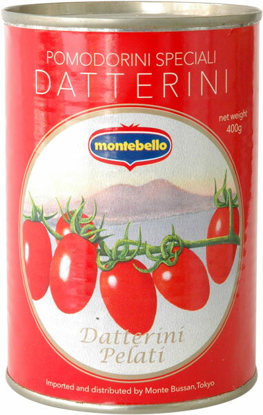モンテベッロ　ダッテリーニトマト（プチトマト）　 400g *少々のヘコミがある商品です。ご了承ください。 小さく細長い形がナツメヤシに似ていることから、小さなナツメヤシ＝ダッテリーニと名づけられたプチトマト。南イタリア産ダッテリーニトマトの皮をむき、トマトピューレーと一緒に缶詰にしました。このトマトがもつ「濃厚な甘みと穏やかな酸味」これが、シンプルなトマトソースの味もワンランクアップさせてくれます。 名称：トマト・ピューレーづけ 形状：全形 原材料名：トマト、トマトピューレー/クエン酸 固形量：240g 内容総量：400g 保存方法：直射日光を避けて常温で保存。 原産国名：イタリア ご注意：開封後はガラス等の容器に移し替えて冷蔵庫で保存し、お早めにお召し上がりください。 まれにトマトのヘタや果肉が黒く変色した部分が見られることがありますが、品質には問題ありませんので、取り除いてお使いください。 缶の内側に黒い斑点が見られることがありますが、トマトの酸の影響によるものであり、品質には問題ありません