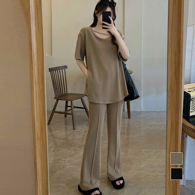 セットアップ レディース 夏服体型カバー ゆったり アンサンブル 着やせ おしゃれ 半袖カットソー フレアパンツ 冷感タッチ 上下セット 無地 韓国 ハイウエストルームウェア部屋着