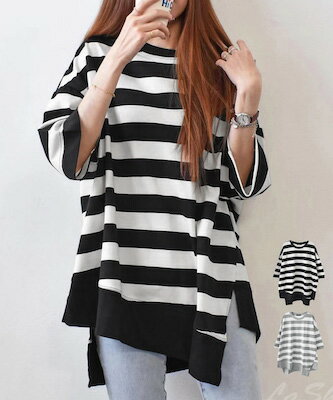 ビッグTシャツ ボーダー柄 ゆったり レディース 大きいサイズ トップス 半袖プルオーバー ビッグシルエット ワイド カットソー 体型カバーロングTシャツ カジュアル 5分袖 着やせ チュニックロンT ブラック/グレー