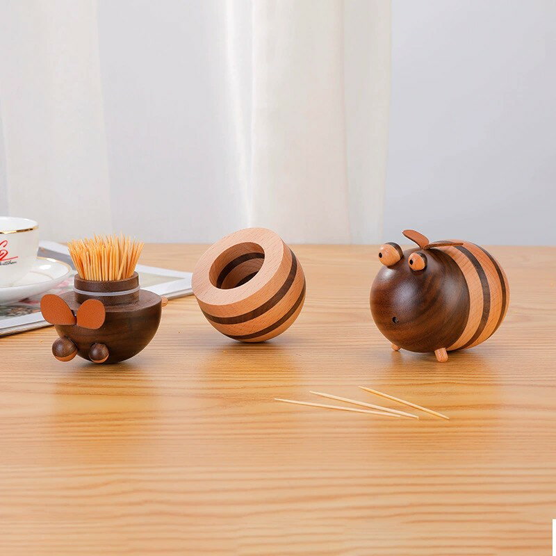 樂天商城 - 爪楊枝入れ 卓上 木製 ミツバチモチーフ かわいい インテリア オブジェ リビング ダイニング 高級感 黒クルミ材 ブナ材 家庭用 爪楊枝ケース ハチの形