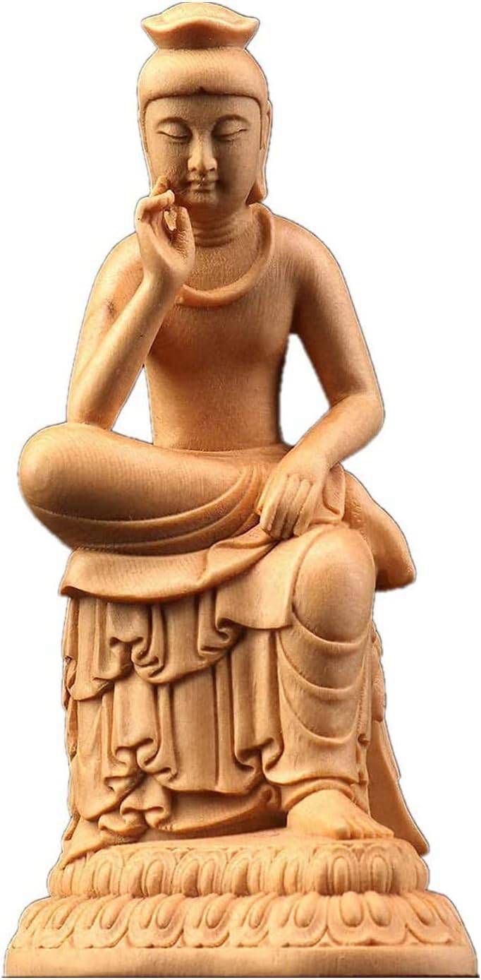 フィギュア(Size:12センチ) 仏像 半跏思惟像 原木色 桧木製 弥勒菩薩 置物 木彫り