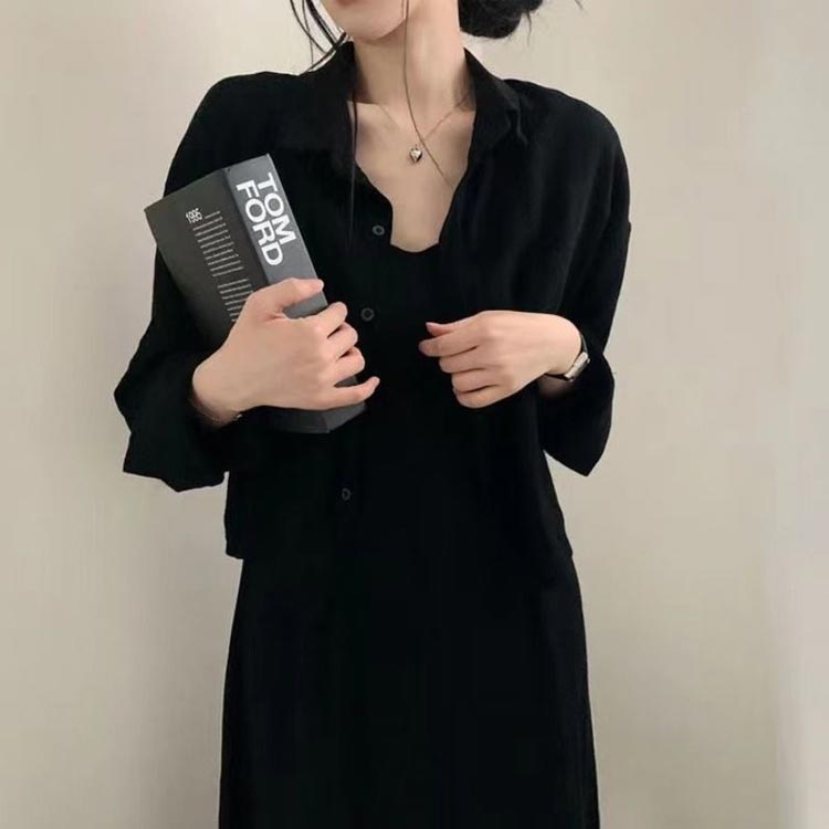 体型カバー 薄手 長袖シャツ アウター付き キャミワンピース レトロ セットアップ 大人可愛い 春夏 2点セット シャツ&ワンピース