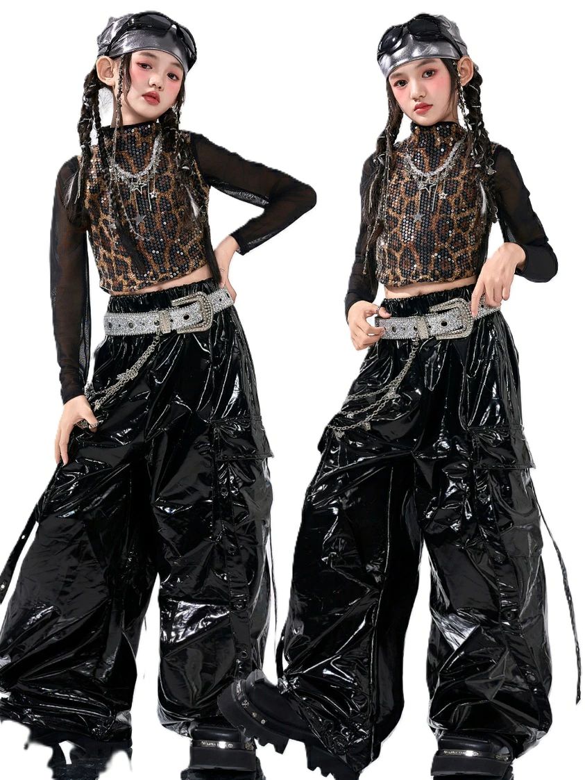 女 派手 ステージ衣装 子供服 jazz hiphop 韓国 もふもふ ヒップホップ 黒 ヒョウ柄 4点セット 衣装 キ..