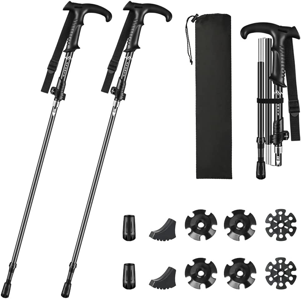 コンパクト ウォーキングポール 登山ストック アルミ製 トレッキングステッキ 超軽量 折りたたみ T字型 I字 5段伸縮式 2本セット