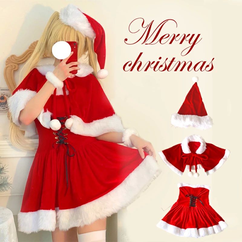 セクシー レディース 大人 3点セットノースリーブ 膝丈 サンタ コスプレ ワンピース レディース クリスマス 衣装 女性 コスプ