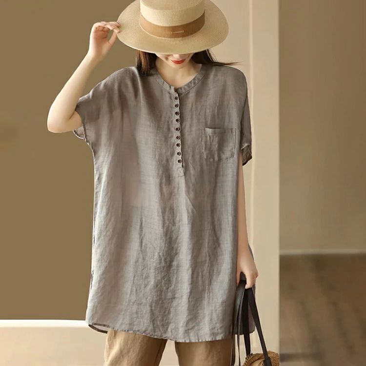 大きいサ インナー 綿 カジュアル ゆったり ロンt 夏 春 立ち襟 オーバーサイズ ボタン ロンt 長袖 トップス レディース tシャツ