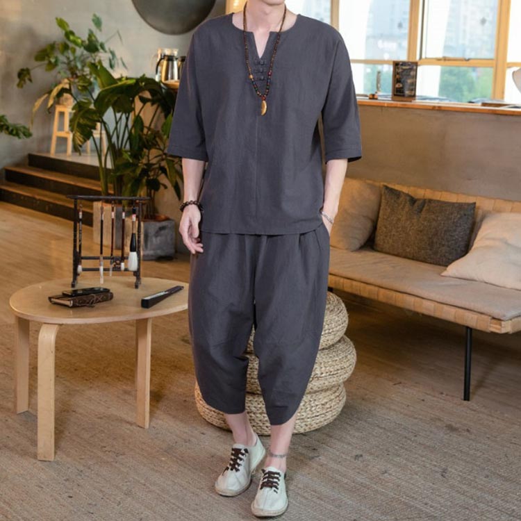 お コットン リネン セットアップ カジュアル ルームウェア パジャマ 七分丈パンツ 夏 綿麻 部屋着 半袖 メンズ 上下セット 甚平