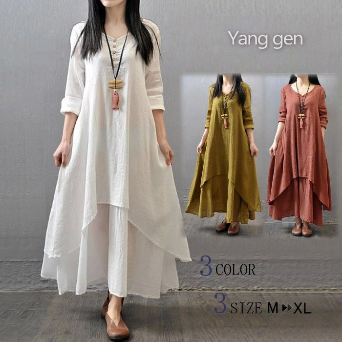 ロ シアー ワンピース リネン調 重ね着風 ティアード マキシワンピース レディース 夏 ロングワンピース マキシ丈ワンピース 夏