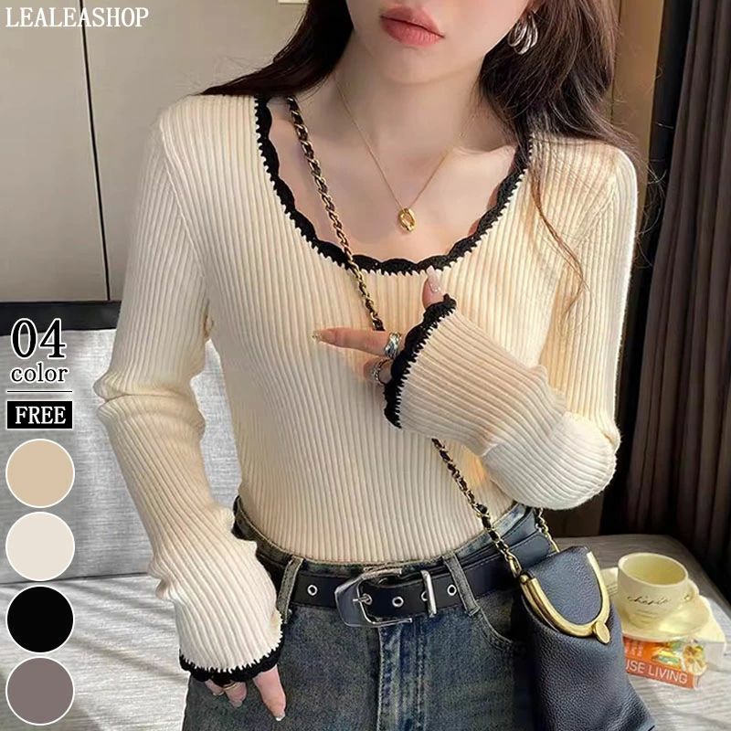 お洒 大人可愛い 防寒 シンプル 配色 カジュアル 夏 春 長袖 レディース ニット 配色 セーター トップス 体型カバー 着痩せ見え