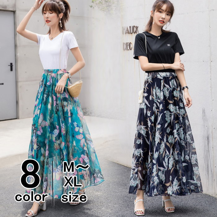 メール便送料無料 春夏 レディース 総柄 スカート ウエストゴム シフォン マキシ ロング フレアスカート マキシ丈スカート 花柄