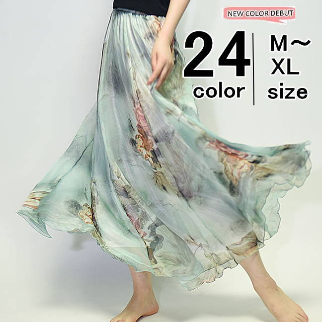 メール便送料無料 リゾート プリーツスカート 大きいサイズ 花柄 秋 春夏 シフォンスカート マキシワンピース マキシ丈スカート