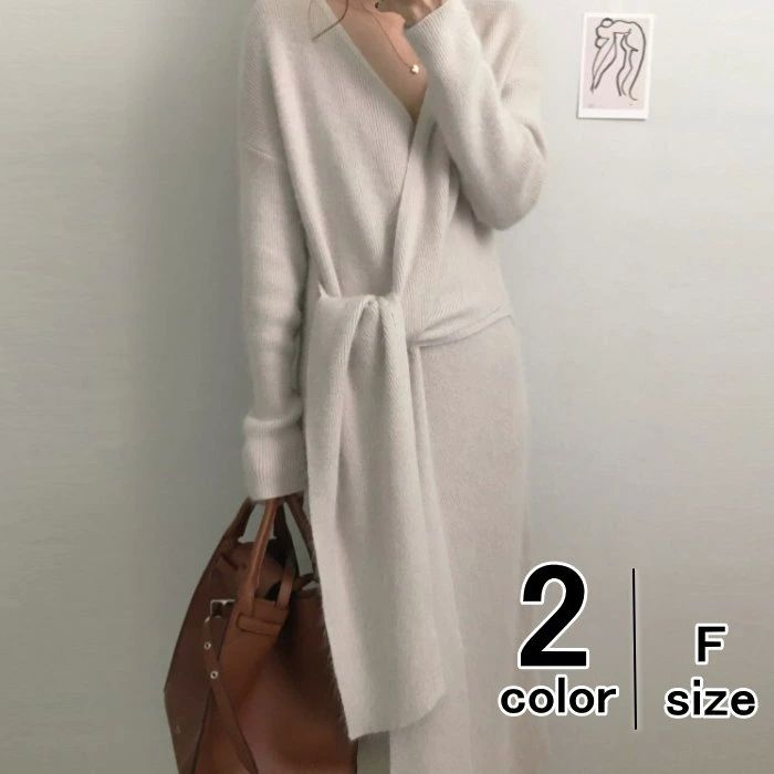 ミモレ丈 ロングワンピ Vネック カシュクール エレガント ロング丈 カジュアル きれいめ ニットワンピ レディース ワンピース