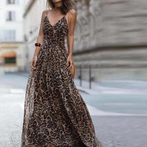 マ ワンピース ビーチ ロングドレス 結婚式 マキシワンピース ノースリーブ マキシ丈 レオパード 豹柄 夏 ワンピース リゾート