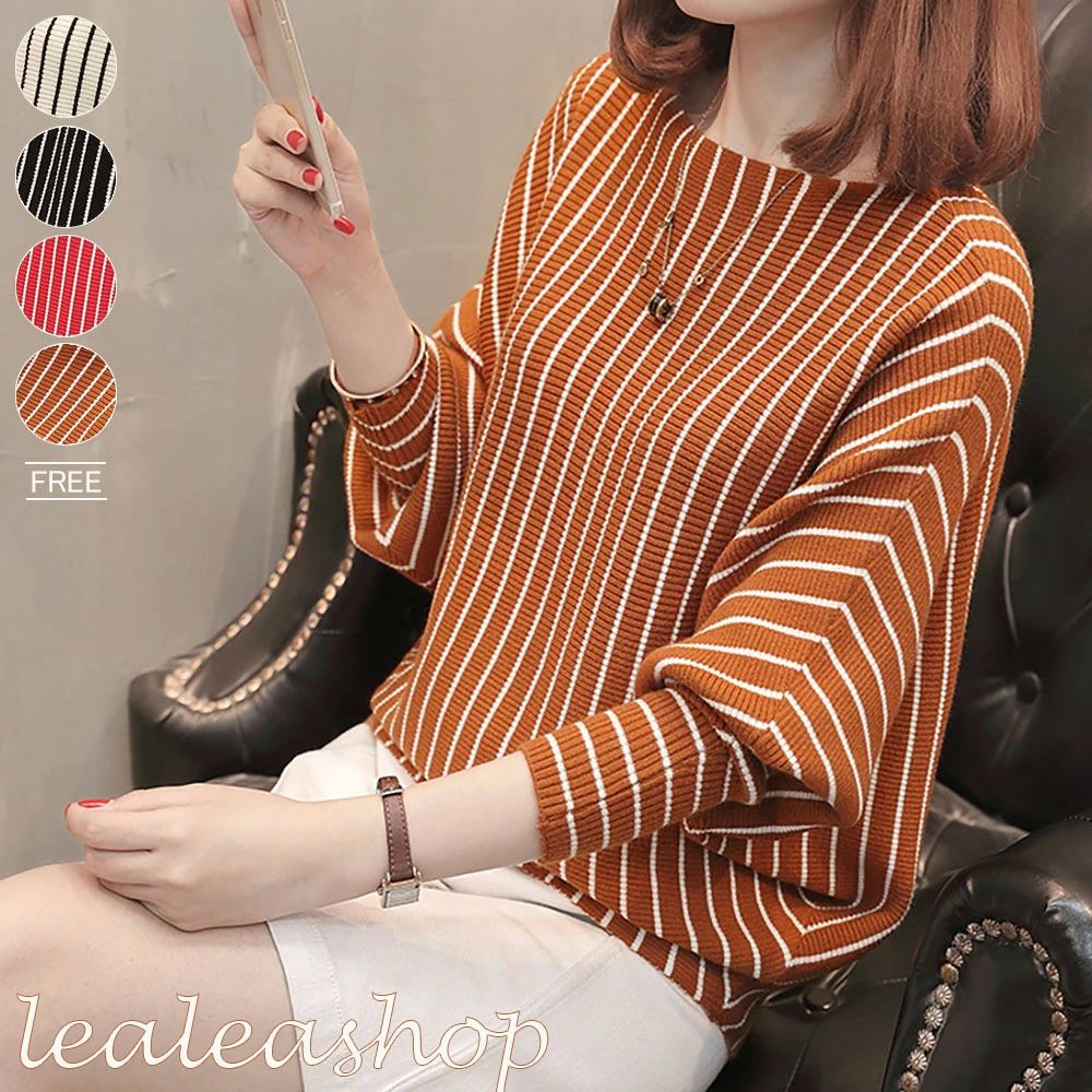 ド ニットトップス ドルマン ストライプ ドルマンスリーブ セーター チュニック 長袖 赤 白 黒 トップス 春夏 夏 春 レディース