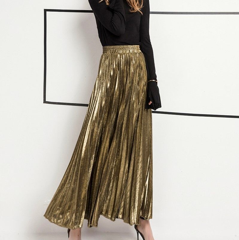 きれいめ レッド ブルー ブラック メタリック ウエストゴム マキシ丈 ロング丈 プリーツスカート 送料無料 レディース ボトムス