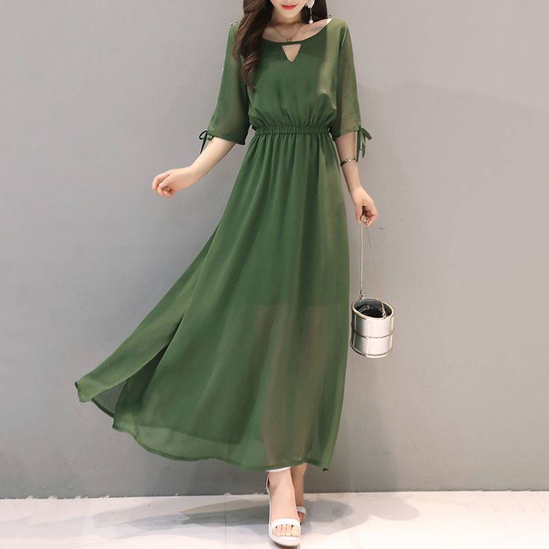 ブラッ グリーン ぬけ感 透け感 Aライン ウエストゴム ラウンドネック スリット マキシ丈 半袖 フレア シフォン 送料無料 ドレス