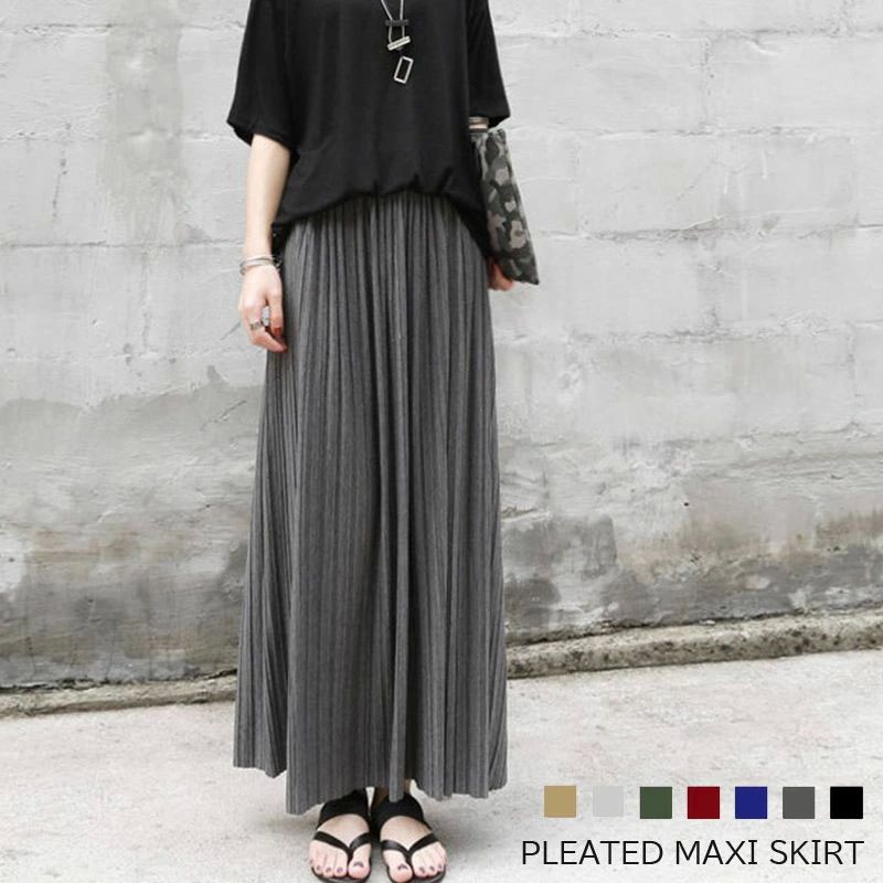 グ ブラック 春夏 おすすめ フリーサイズ フレアスカート レディース 大人カジュアル ロングスカート マキシ丈 プリーツスカート