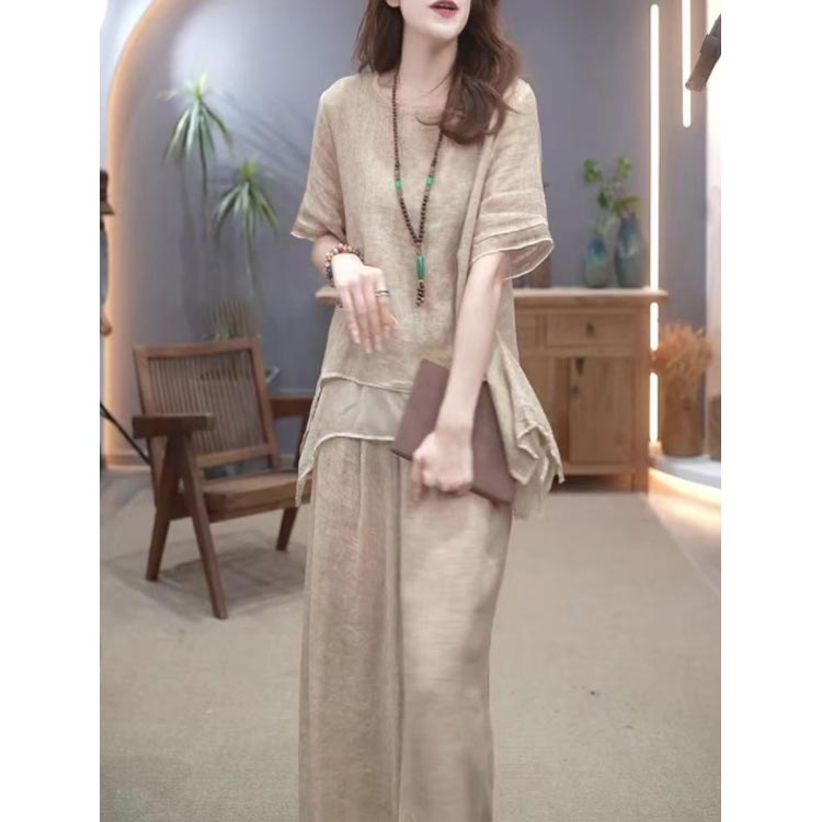 おし ゆったり シンプル カジュアル きれいめ ロングパンツ 夏 春 軽量 上下セット ワイドパンツ トップス 半袖 綿麻 レディース