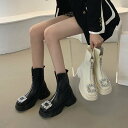 大人可愛い ジッパー キラキラ ミドルブーツ 厚底ビジューバックルブーツ エコレザーブーツ ビジュー スクエア 2色 レディース