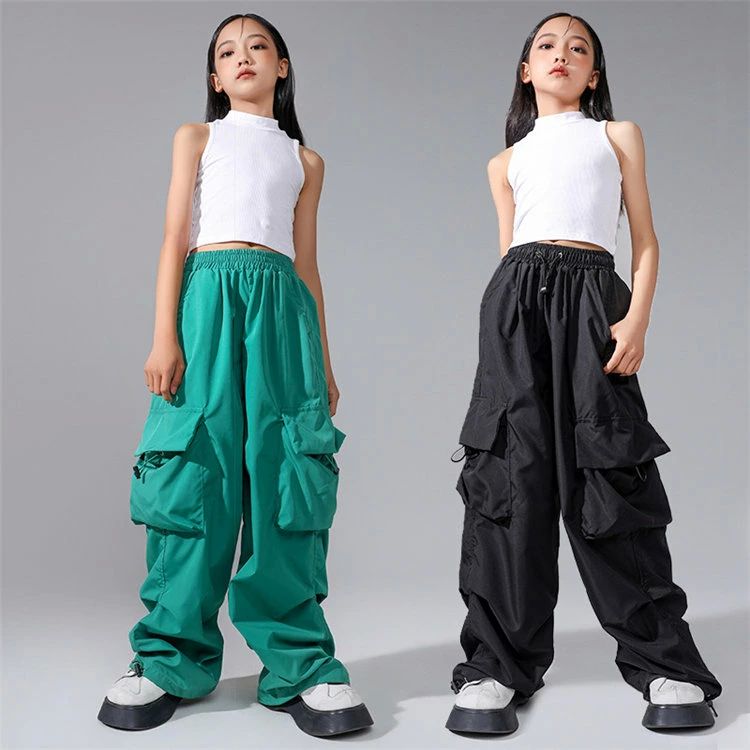カーゴパ ガールズ ヒップホップ セットアップ 白トップス タンクトップ ダンス衣装 キッズ へそ出し 袖無し 女の子 衣装 ダンス 3