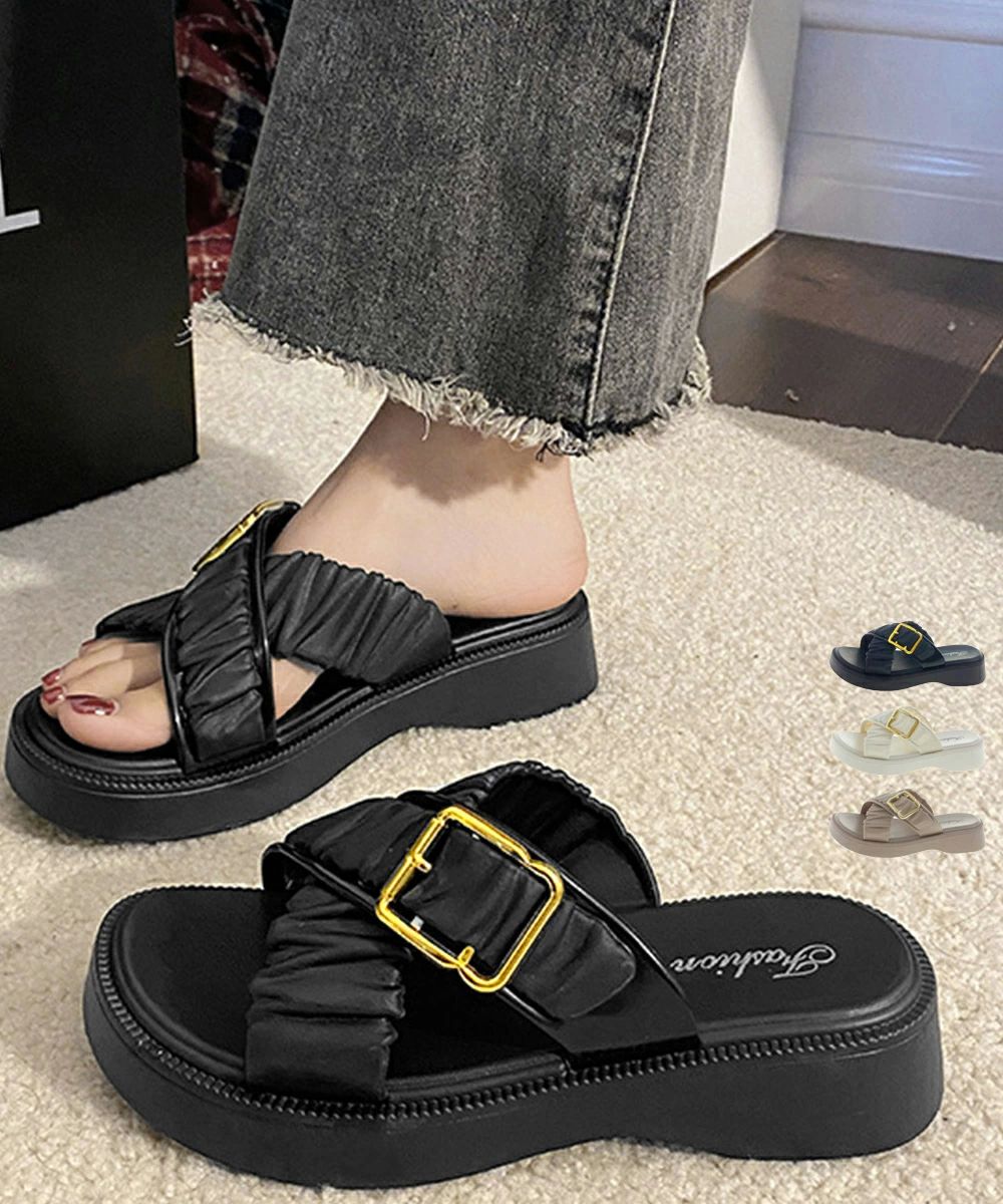 軽 歩きやすい夏靴大人可愛い 履きやすいビーチサンダル レディース ギャザーベルトサマーサンダル クロスベルトサンダル韓国風