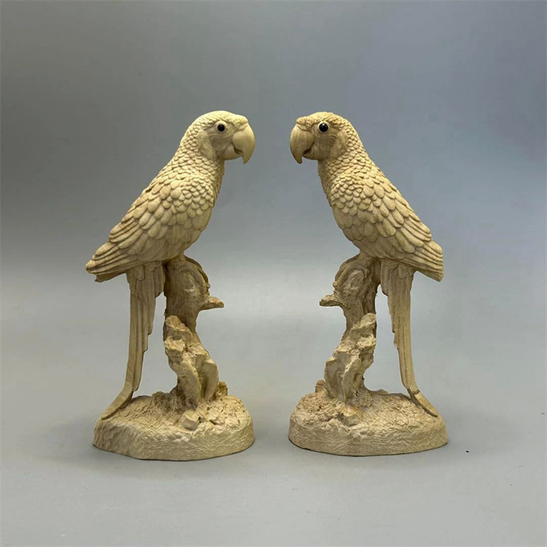 (高さ12cm×巾6cm) プレゼント インテリア 装飾品 置物 2体セット（木製：ツゲ）木彫り 置物 オウム