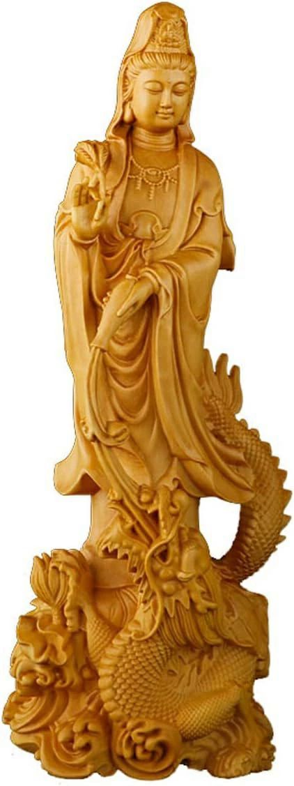 高級天然ツゲ木彫り＜風水グッズ?開運グッズ?幸運の置物＞観音様とドラゴン 龍観音 龍乗観音 観音像 龍上観音 置物 木彫り 仏像